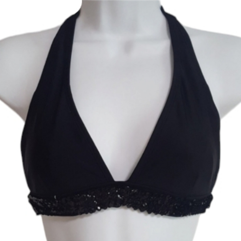 Inmocean Womens Small Halter Bikini Swim Top Sequin Band Under Chest Black